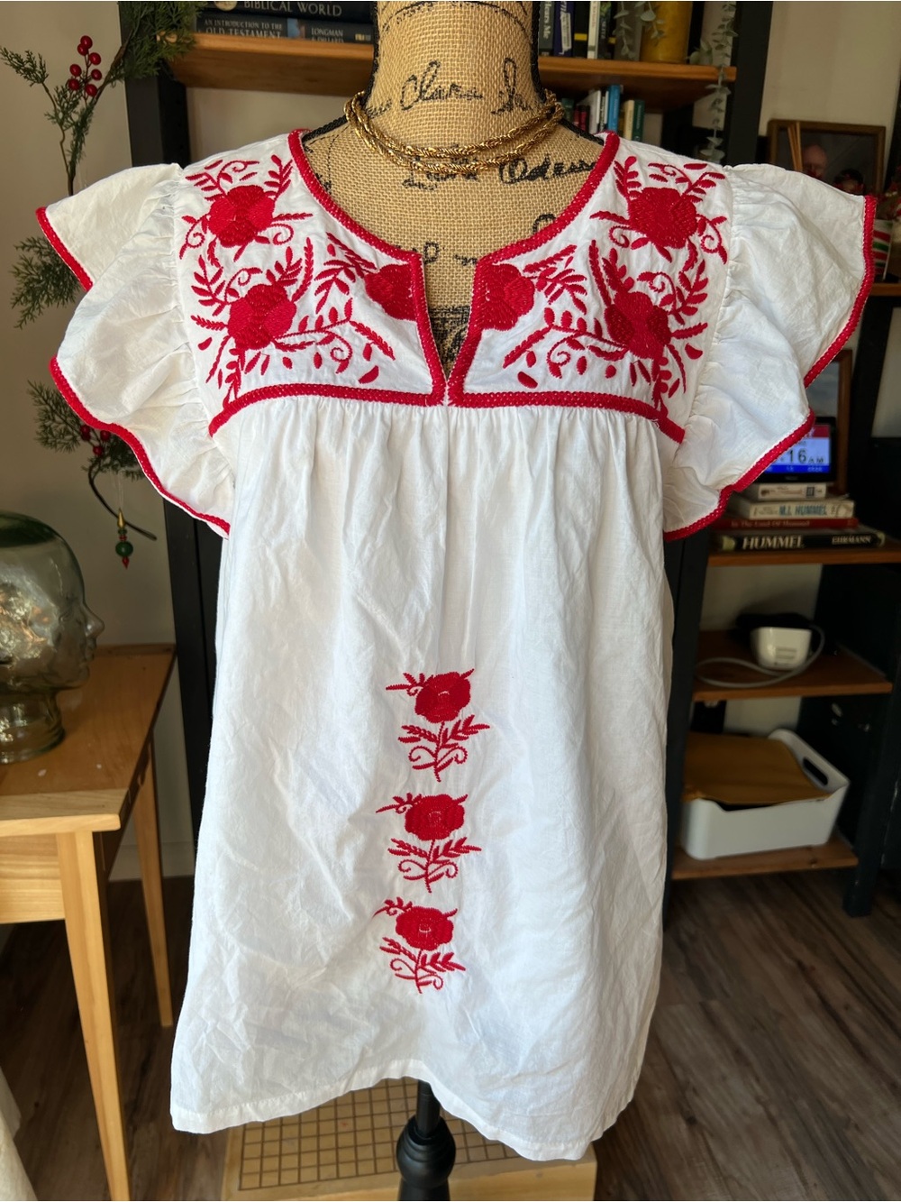 White Cotton Embroidered Flutter-Sleeve Top with Red Floral Detail